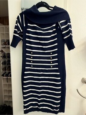 Navy & White Striped Knit Dress with Cowl Neck